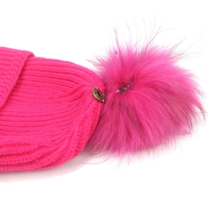 Rose pink cable knit beanie for women with a large detachable fluffy faux fur pom-pom