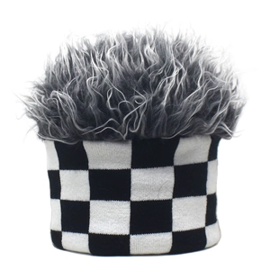 Quirky checkerboard knit hat with fluffy grey faux wig hair for winter style