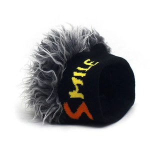 Detail of black knit beanie with SMILE embroidery and grey faux fur wig top for men