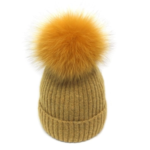 Women Winter Warm Knitted Beanie Hat With Large Fox Fur Pom Pom Ribbed Thickened Fleece Lined Casual Pullover Cap