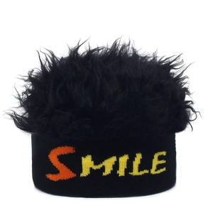 Black knit wig beanie with orange SMILE embroidery and long synthetic faux hair fur