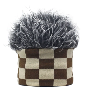 Checkerboard knit wig beanie with fuzzy faux fur top for unique winter warmth