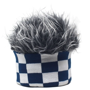 Blue checkerboard knitted beanie with grey faux wig hair for a funny winter look