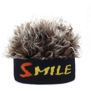 Macro detail of SMILE knit headband featuring mixed brown and grey curly synthetic hair