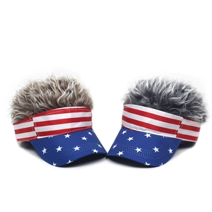 Striped star pattern baseball visor with top faux hair for party and holiday fun