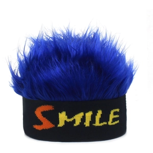 Funny SMILE Letter Knitted Beanie With Synthetic Fake Hair Wig For Men Hip Hop Streetwear Novelty Party Warm Winter Hat