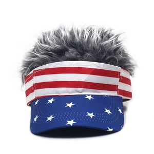 Striped star pattern baseball cap with grey faux hair wig on a white background