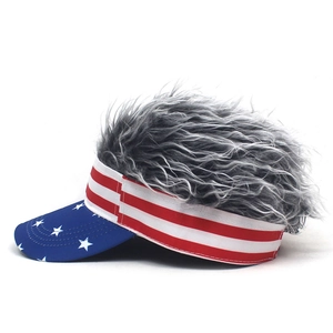 Detail view of American flag pattern baseball cap featuring gray novelty wig hair top