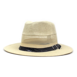 Men's summer wide-brim fedora straw hat with breathable mesh and black leather belt