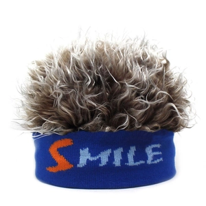 Creative smile letter knit headband wig hat with curly brown hair for men hip-hop style