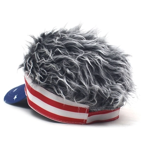 Close-up of star pattern brim and gray faux fur wig detail on the baseball cap