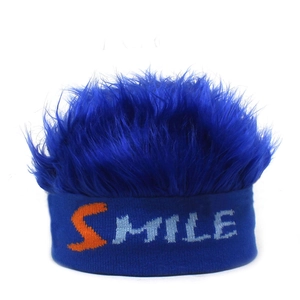 Royal blue knitted beanie with SMILE text and fluffy blue novelty wig hair decoration
