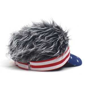 Detail of adjustable baseball cap with grey wig hair and American flag stripes and stars
