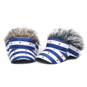 Blue and white striped baseball cap with red stars and integrated synthetic wig hair