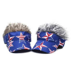 Blue star pattern baseball cap with brown and grey synthetic hair wig for festive cosplay