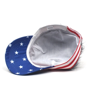 US flag style baseball cap with striped star pattern and grey faux fur trim