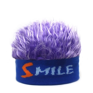 Blue knitted beanie with purple wig hair and SMILE letter design for hip hop style