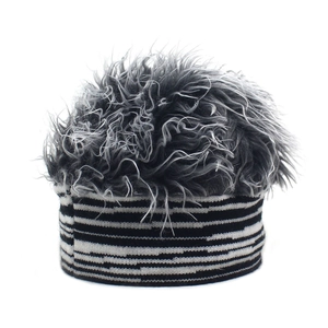Macro detail of zebra striped knit band with realistic grey and black synthetic hair texture