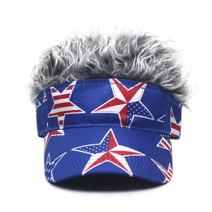 Blue star pattern baseball cap featuring thick grey curly wig hair for funny dress-up