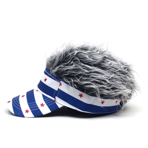 Blue and white striped baseball visor with star print and grey synthetic faux hair