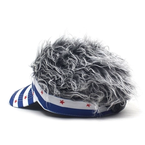 Detail of creative wig visor hat with grey fluffy hair and USA flag star stripe pattern