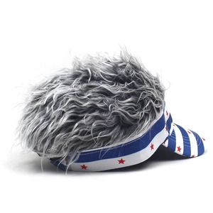 Detail of blue and white striped baseball visor featuring gray curly wig and star pattern