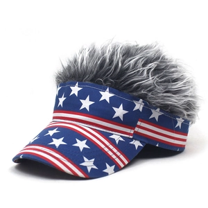 Star-spangled visor baseball cap with funny grey synthetic hair wig for parties