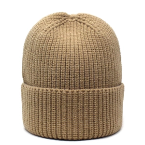 Close-up of khaki ribbed knit beanie showing thick texture and warm folded cuff detail