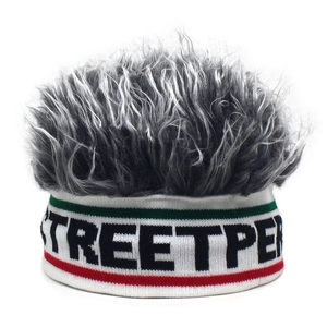 Funny wig beanie featuring streetpe letters and colorful stripes for costume party fun