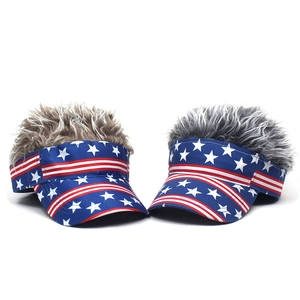 Star-patterned US flag baseball hats featuring fun synthetic wig tops in brown and grey