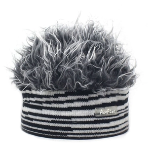 Funny Zebra Print Knitted Beanie Hat With Synthetic Wig Personality Hip Hop Skull Cap For Men Women Party Novelty Headwear