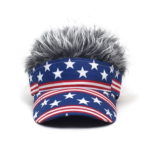 Creative baseball cap featuring US flag stars and stripes with fluffy grey wig hair