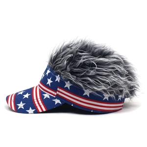 Funny novelty sun visor hat with grey wig hair and US flag star pattern