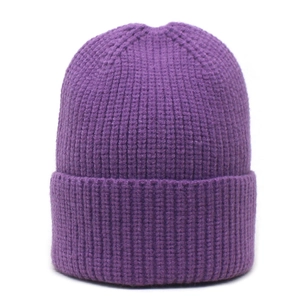 Close-up of the ribbed knit texture and wide folded cuff of this purple beanie hat