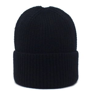 Close-up of black ribbed knit beanie showing thick texture and folded cuff detail