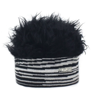 Quirky zebra striped knit beanie with black fluffy faux hair for hip-hop party fashion
