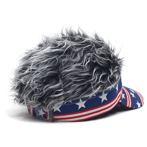 Detail of creative American flag baseball cap featuring fluffy grey synthetic hair on top