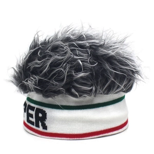 Funny grey wig knit beanie with white striped PER headband for costume party