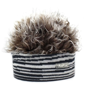 Funny hip hop zebra print knit beanie with fuzzy curly brown synthetic hair hairpiece
