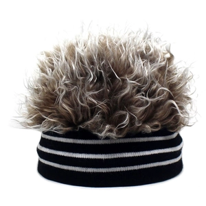 Black and white striped knit beanie with messy light brown curly wig for hip hop sports