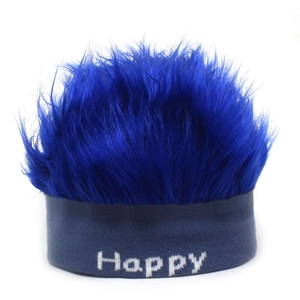 Divertente fascia lavorata a maglia con parrucca blu e decorazione scritta Happy