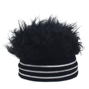 Black knitted beanie with white stripes and a fluffy faux fur pom-pom top for men