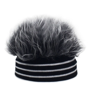 Striped beanie with faux hair top for hip hop dance and winter sports style