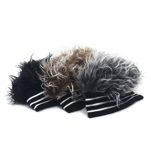 Three-piece set of hip-hop beanies with black and white stripes and faux fur top