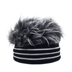 Men's Hip Hop Striped Knitted Beanie Hat With Faux Hair Wig Novelty Winter Warm Outdoor Party Wig Hat For Adults