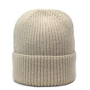Beige ribbed knit beanie with cuffed brim for outdoor winter warmth and comfort