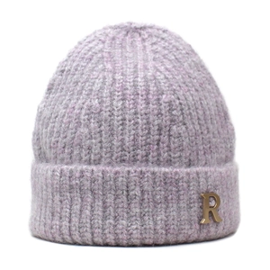 Women Winter Warm Knitted Beanie Hat Faux Cashmere Acrylic Ribbed Pullover Cap With Golden Metal Letter R Decoration