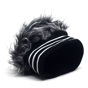 Detailed view of the gray faux fur wig top and black striped knit texture of the beanie