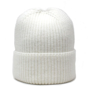 Classic white cuffed beanie hat with thick knit texture for winter outdoor warmth