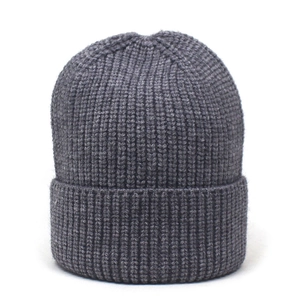 Classic dark grey knit beanie with wide cuff and vertical ribbing for winter warmth